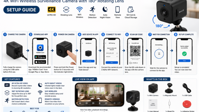 Spy Camera , Hidden Camera Mini Security Camera, Nanny Cam with 180°Rotating Lens, 4K WiFi Wireless Surveillance, Motion Detection, Auto Night Vision