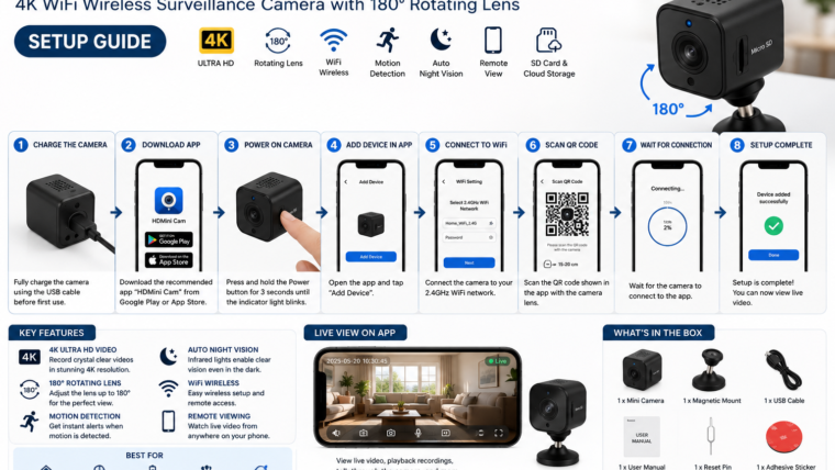 Spy Camera , Hidden Camera Mini Security Camera, Nanny Cam with 180°Rotating Lens, 4K WiFi Wireless Surveillance, Motion Detection, Auto Night Vision